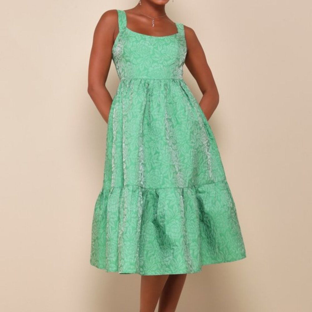 Lulus Spanish Getaway Green Floral Lace-up Midi Dress With Pockets - Size M